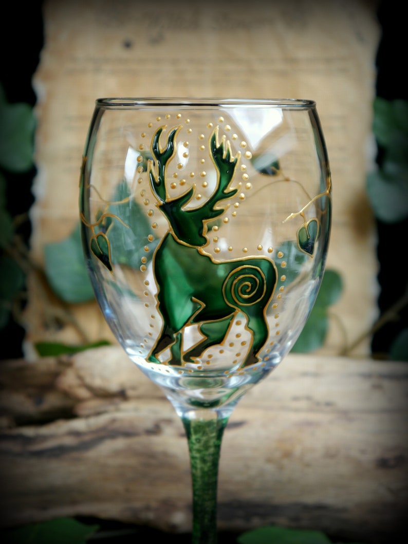 Hand Painted Stag Glass Chalice Witches Goblet Altar Pagan Wicca Green Man Gift image 6