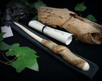 Witches Rowan Wood Wand with Natural Spiral design and Wand Bag Spells Wicca Witchcraft Pagan Wiccan Gift Protection