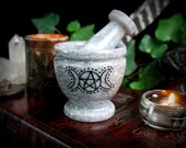 Witches Mortar and Pestle Grey Marble Pentacle Triple Moon Wicca Pagan Witches Altar Yule Gift