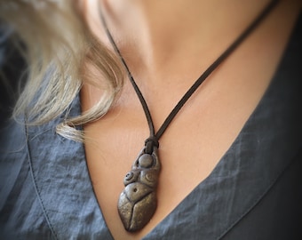 Clay Earth Goddess Necklace Sculpture pendant Handmade Wicca Pagan Witch Witchcraft Gaia Bronze effect