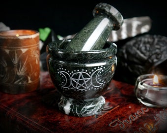 Witches Mortar and Pestle Black Marble Pentacle Triple Moon Wicca Pagan Witches Altar Yule Gift