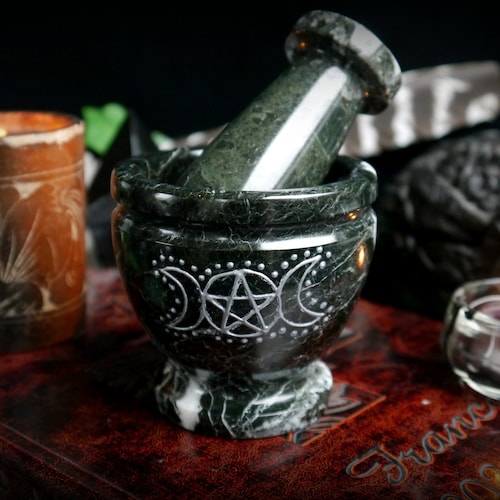 Black Marble Mortar and Pestle: Pentacle Triple Moon Altar Decor