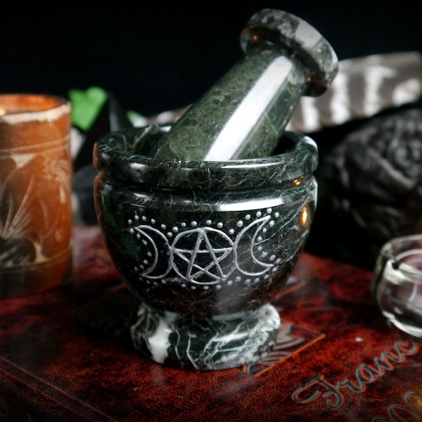 Witches Mortar and Pestle Black Marble Pentacle Triple Moon Wicca Pagan Witches Altar Yule Gift