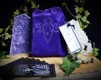 Handgemaakte fluwelen tarottas: Goddess Moon Design, kristallen opbergzakje