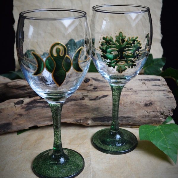 God and Goddess Glass Chalice Witches Goblets Hand Fasting Hand Decorated Yule  Gift Pagan Wicca