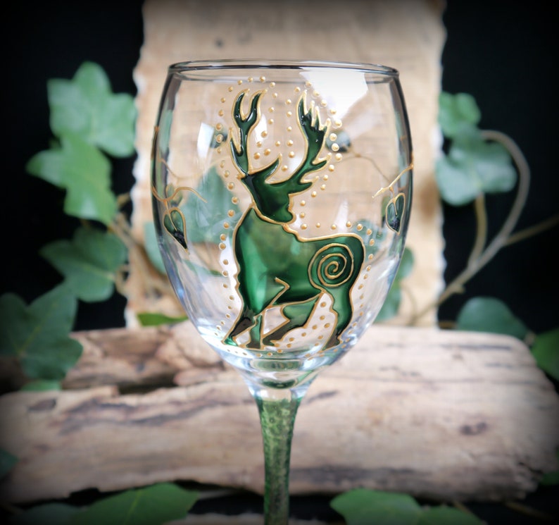 Hand Painted Stag Glass Chalice Witches Goblet Altar Pagan Wicca Green Man Gift image 2