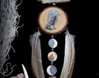 Protection Charm Witches Wolf and Moon Wooden Talisman Wicca Pagan Antler Feathers Yule Gift
