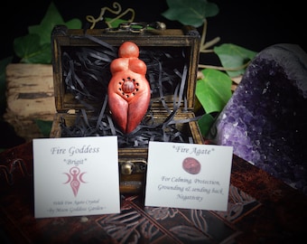 Fire Goddess Brigit Altar Talisman with Fire Agate in Storage Chest