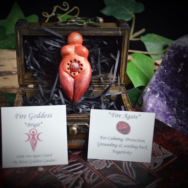 Witches Fire Goddess Altar Piece with Fire Agate Crystal Talisman in Chest Gift Wiccan Pagan