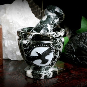 Witches Raven Mortar and Pestle Black and White Marble Full Moon Wicca Pagan Witches Altar Yule Gift