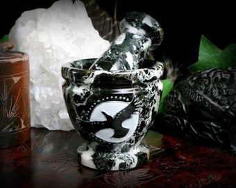 Witches Raven Mortar and Pestle Black and White Marble Full Moon Wicca Pagan Witches Altar Yule Gift