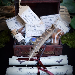 Young Witch and Wizard Collector Chest Starter kit with 2 x spells, Scarab,Fossilised Sharks teeth and Potion Bottle Crystals Wicca Pagan
