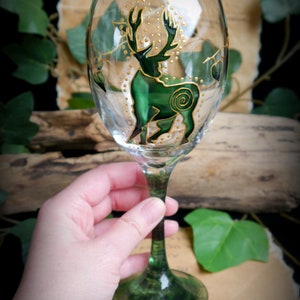 Hand Painted Stag Glass Chalice Witches Goblet Altar Pagan Wicca Green Man Gift image 3