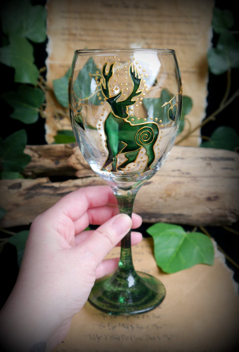 Hand Painted Stag Glass Chalice Witches Goblet Altar Pagan Wicca Green Man Gift image 3