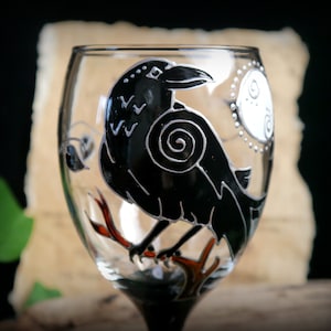 Raven and Moon Hand Painted Wine Glass Chalice Witches Goblet Wicca Pagan Yule Gift