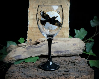 Hand Painted Raven Moon Glass Chalice Witches Goblet Altar Pagan Wicca Gift