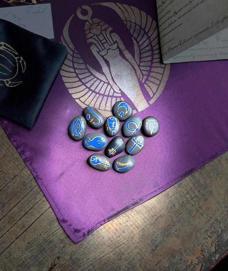 Egyptian Oracle Runes and Casting Cloth Polished Granite Stones With ...