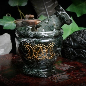 Hand Decorated Marble Mortar and Pestle: Pentacle Triple Moon Altar