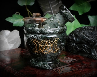 Handdekorierter Marmor Mörser und Stößel: Pentagramm Triple Moon Altar