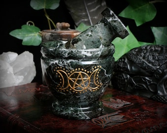 Witches Mortar and Pestle Black White and Moss Green Marble Pentacle Triple Moon Wicca Pagan Witches Altar Yule Gift