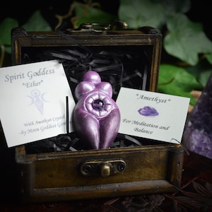 Witches Spirit Goddess Altar Piece with Amethyst Crystal Talisman in Chest Gift Wiccan Pagan