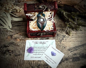 Handmade mother Goddess in Storage Chest with amethyst heart crystal