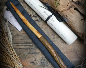 Witches Hand Carved Rowan Wood Wand with Bag and Spells