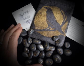 Witches Stone Runes: Elder Futhark Set with Raven Pouch