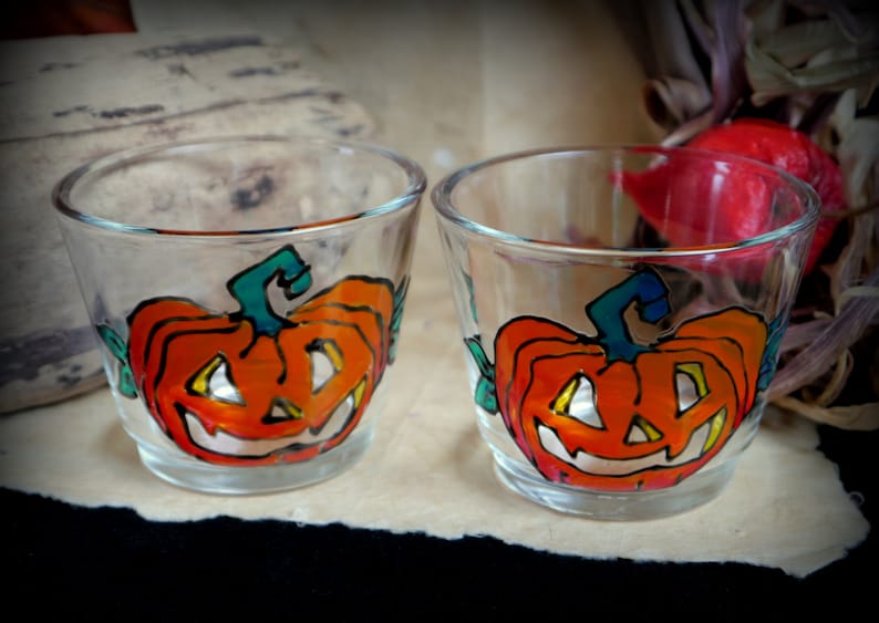 Pumpkin Glass Candle Holders Hand Painted Samhain Gift Fall Etsy