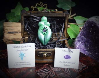 Witches Water Goddess Altar Piece with Amethyst Crystal Talisman in Chest Gift Wiccan Pagan