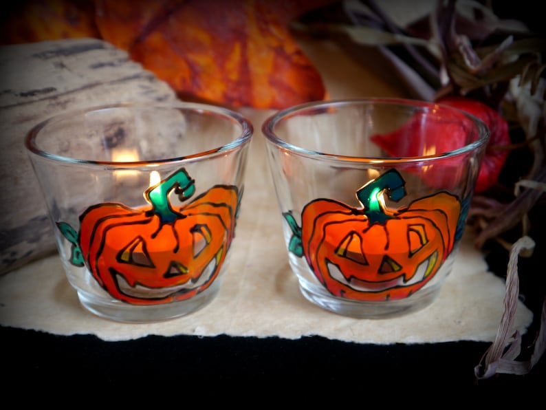 Pumpkin Glass Candle Holders Hand Painted Samhain Gift Fall Etsy