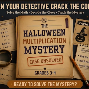May include: A Halloween-themed educational activity set titled The Halloween Multiplication Mystery, featuring a central booklet, multiplication clue sheets, an evidence card, a notepad with detective notes, a magnifying glass, and a pencil.