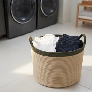 Crochet Laundry Basket Pattern PDF Instant Download Sturdy Round Cord Hamper Olive Green Handles