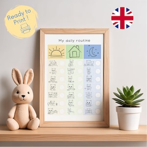 Peut inclure: Un tableau de routine quotidienne encadré présentant une grille avec des illustrations de chats en noir et blanc organisées en trois colonnes avec des icônes de soleil, de maison et de lune. Le tableau inclut des cercles vides et le titre My daily routine.