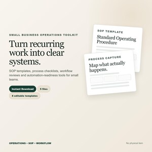 May include: A digital small business operations toolkit featuring text that reads: Small Business Operations Toolkit, Turn recurring work into clear systems, SOP templates, process checklists, workflow reviews, and automation-readiness tools.