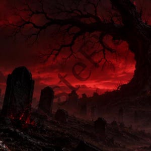 May include: A dark graveyard scene under a deep red sky featuring multiple weathered tombstones scattered across a hilly landscape. A large, leafless, gnarled tree looms on the right side, with the word 'Stef' visible in the center.