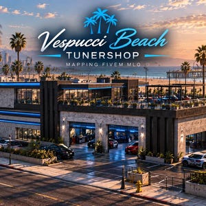 May include: A digital rendering of a modern two-storey automotive repair shop located near a beach, featuring blue neon lighting accents, a rooftop parking area, and the text Vespucci Beach TUNERSHOP MAPPING FIVEM MLO displayed prominently above.