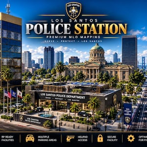 Op de afbeelding: Een digitale weergave van het Los Santos politiebureau met een hoog gebouw met gouden accenten en een centraal hoofdkwartier met de tekst Los Santos Police Station Premium MLO Mapping, Serve, Protect, Los Santos en stadsgezicht.