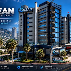 May include: A multi-storey Ocean Medical Center building in Los Santos with blue and grey glass facades, palm trees, and a helicopter in the sky. Text includes Ocean Medical Center, More Than A Hospital, A Safer Los Santos, and Care Today A Stronger Tomorrow.