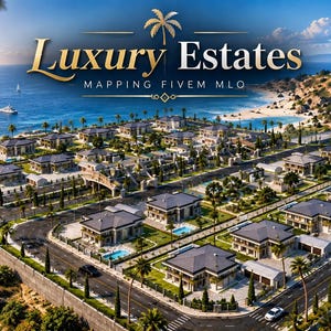 May include: A digital rendering of a coastal residential neighbourhood featuring multiple two-storey houses with dark roofs, swimming pools, and palm trees. The text Luxury Estates MAPPING FIVEM MLO is centred at the top over a blue ocean view.