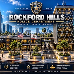 Puede incluir: Un gráfico digital del Rockford Hills Police Department con un complejo de edificios moderno, palmeras, un coche de policía y las banderas de EE. UU. y California. El texto dice Rockford Hills Police Department, Protect, Serve, Community.