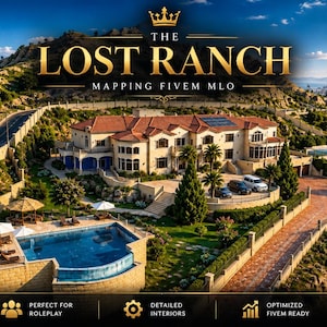May include: An aerial view of a large beige mansion with a red tile roof, a swimming pool, and a winding driveway. The text reads: THE LOST RANCH MAPPING FIVEM MLO, LOS SANTOS PREMIUM LOCATION, LUXURY RANCH EXCLUSIVE ROLEPLAY, LUXURY RANCH, PERFECT FOR ROLEPLAY, DETAILED INTERIORS, OPTIMIZED FIVEM READY, EXCLUSIVE LOCATION.