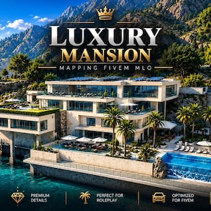 May include: A digital rendering of a multi-level modern mansion situated on a rocky cliffside overlooking the ocean. The structure features large glass windows, multiple terraces, palm trees, and a swimming pool. Text reads LUXURY MANSION MAPPING FIVEM MLO.