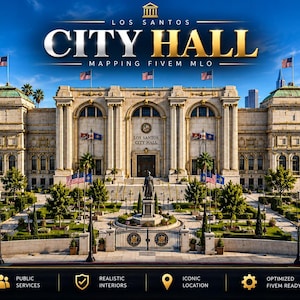 May include: A digital rendering of the Los Santos City Hall building featuring neoclassical architecture, a central statue, manicured gardens, and multiple flags. The text reads Los Santos City Hall Mapping FiveM MLO, Government Services, and City of Los Santos.