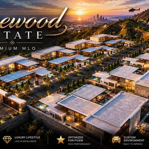 May include: An aerial view of the Vinewood Estate, a complex of modern residential buildings with flat roofs, swimming pools, and sports courts. The text reads Vinewood Estate Premium MLO, Luxury Living Beyond Limits, and lists features like Private Location, Luxury Lifestyle, Optimized for FiveM, Custom Environment, and Premium Quality.