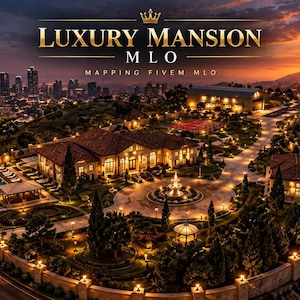 May include: A digital rendering of a large estate at sunset, featuring a mansion with a tiled roof, a swimming pool, a central fountain, and landscaped gardens. The text LUXURY MANSION MLO MAPPING FIVEM MLO is displayed at the top with a crown icon.