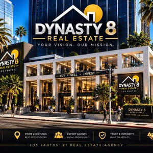 May include: A multi-story commercial building for Dynasty 8 Real Estate featuring a modern glass facade, white structural columns, and prominent signage. The exterior displays the company logo, text, and banners promoting luxury living and investments.