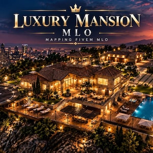 May include: A digital rendering of a luxury mansion at sunset, featuring a helipad, a swimming pool, and a city skyline in the background. The text 'LUXURY MANSION MLO MAPPING FIVE M MLO' is displayed in gold lettering at the top of the image.