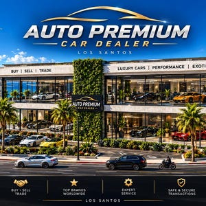 Può includere: Una concessionaria Auto Premium a due piani con facciata in vetro a Los Santos, che espone veicoli di lusso, circondata da palme e vista sulla spiaggia, con testo che include Buy, Sell, Trade, Luxury Cars, Performance ed Exotic.