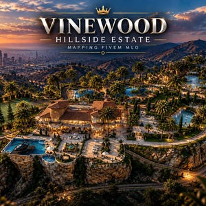 May include: An aerial view of a large estate on a cliffside featuring a mansion, multiple swimming pools, a tennis court, and palm trees. The text VINEWOOD HILLSIDE ESTATE MAPPING FIVEM MLO is centred at the top with a crown icon above it.